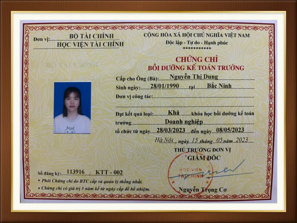 Chứng chỉ kế toán trưởng – Bà Nguyễn Thị Dung