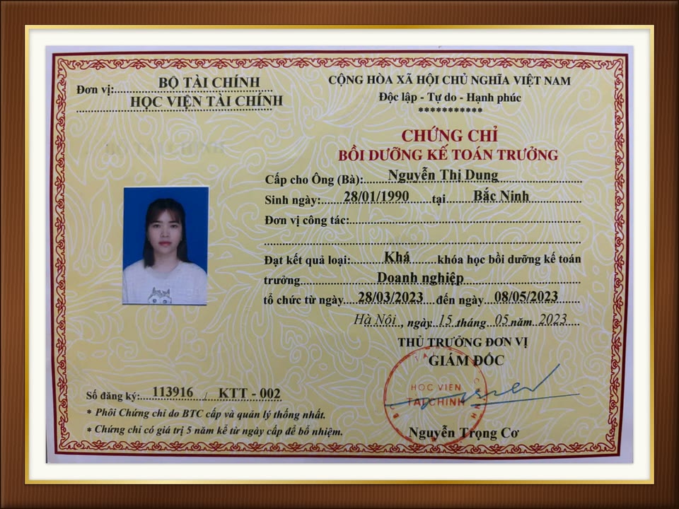 Chứng chỉ Nguyễn Thị Dung
